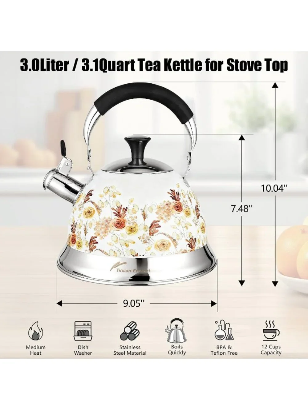 White Rose Flower 304 Stainless Steel Whistling Tea Kettle 3.1 Quart Stovetop